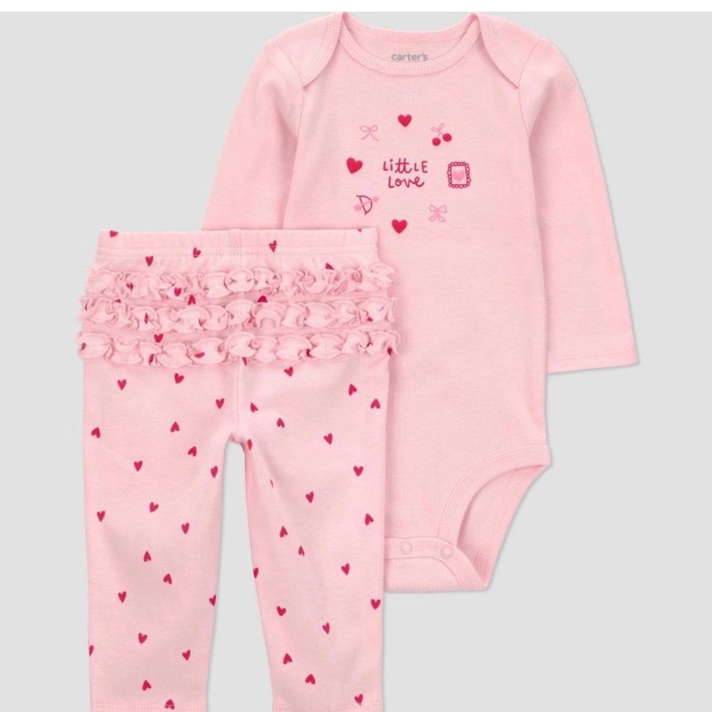 Carters Just One You Baby Girls Pink Little Love Heart Bodysuit Ruffle Pants Set